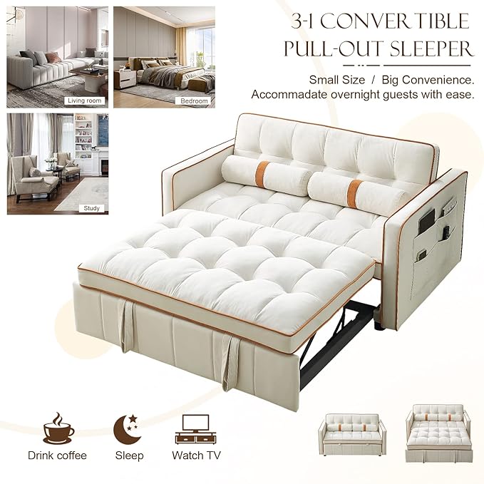 Pull Out Sofa Bed 55.5 Loveseat Sleeper Sofa Bed with Side Pocket Storage Adjustable Backrest and Waist Pillow Suitable for Small Space Living Room Bedroom Office(Beige)