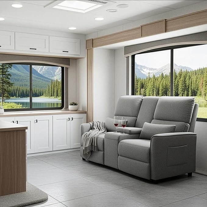 MANBUR Push-Back Reclining Loveseat with Console Loveseat Reclining Sofa Home Theater Seating RV Recliner Sofa Recliners Double Recliner Couch with Storage Pockets &amp Cup Holders Gray