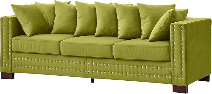 84.5 Wide 3-Seater Velvet Sofa with Storage Mid Century Modern Chesterfield Couch Upholstered Love Seat with Deep Seat &amp Retro Trim Green Velvet Couch for Living Room Office Apartment (Green)