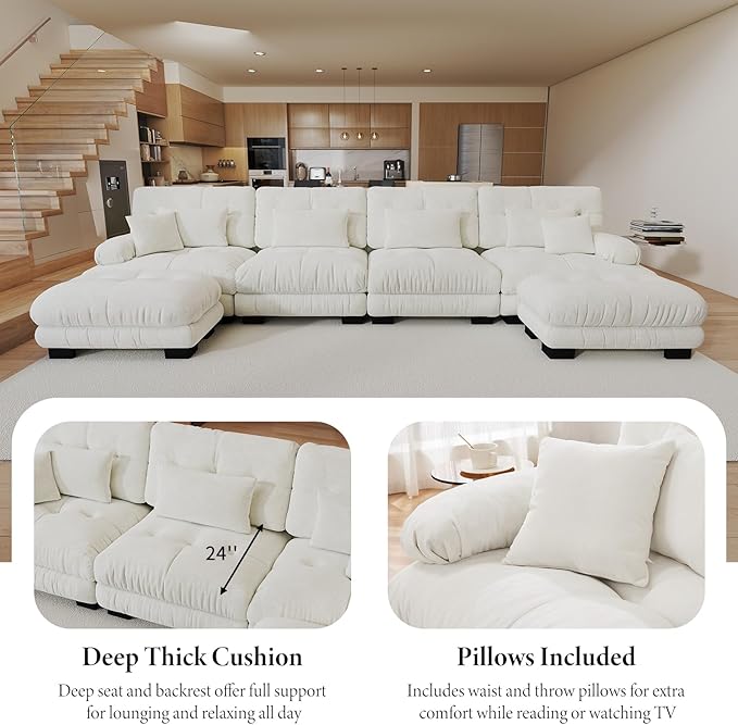 94.4.4 Oversized Modular Sectional Sofa White Large Sectional Couches for Living Room Chenille Fabric Sofa Set Cloud Love Seat Couches Deep Seat Modern Sofas para Sala