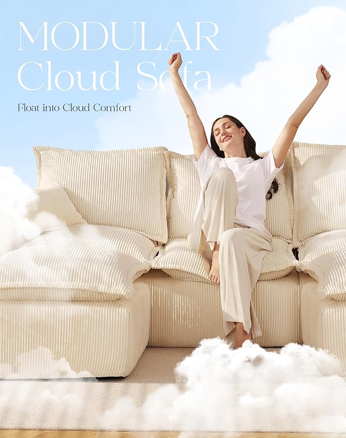 107 Boneless Comfortable Couch with Chaise U Shaped Modular Sectional Couches for Living Room Beige Corduroy Sofas with Ottoman Compressed Sofa in a Box No Assembly Required