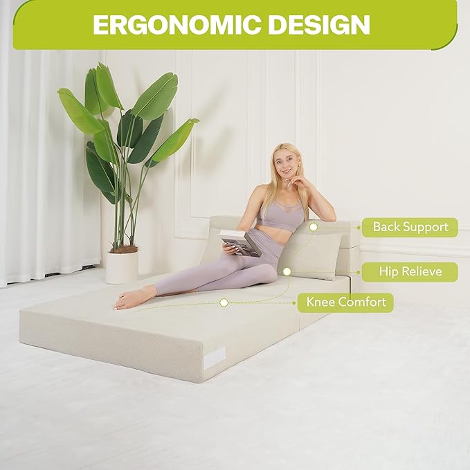Folding Sofa Bed 4 in 1 Convertible Sleeper Sofa Bed Chair with Pillow Twin Memory Foam Loveseat Futon Sleeper Chair Foldable Futon Couch for Living Room Bedroom Guest Room Beige