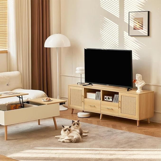 Rattan TV Stand for 70 Inch TV 63 Modern Entertainment Center with LED Light &amp Storage Shelves 2 Drawers and Cabinets Rattan Door Boho TV Stand with Outlet for Living Room Wood