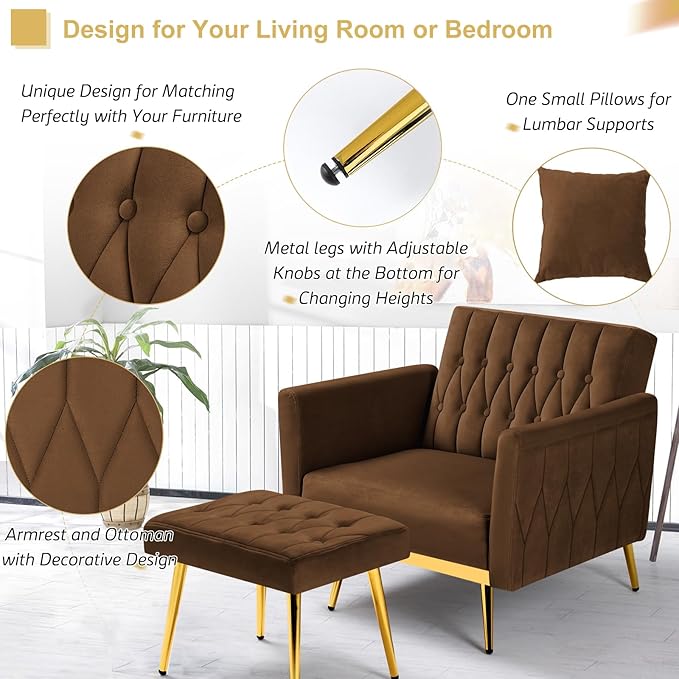 2 Pieces Velvet Sofa Set with Adjustable Armrest and Backrest 70” Convertible Futon Sofa Bed &amp Mordern Accent Chair with Ottoman for Living Room Bedroom Brown