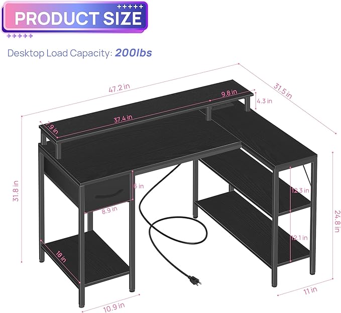 Alpen L Shaped Gaming Desk 47 Inch Computer Desks with Drawers Corner Desk Gaming Table with LED Lights &amp Power Outlets Monitor Stand Home Office Desk for Living Room Bedroom Black