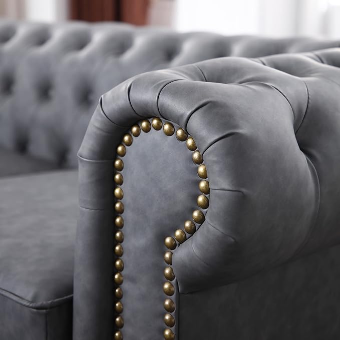 Harper &amp Bright Designs Faux Leather Upholstered 3-Seater Living Room Sofa with Button and Copper Nail on Arms Classic Chesterfield Sofa Dark Grey