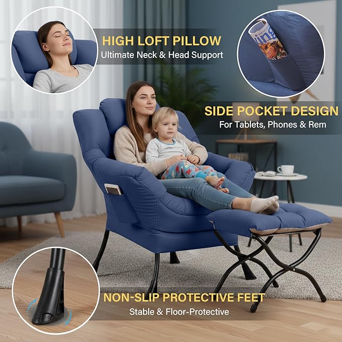 Lazy Chair and Ottoman Peach Blue Large Accent Chair with Side Pocket Modern Leisure Upholstered Sofa Reading Armchair with Footrest for Office Bedroom Living Room Dorm Rooms Balcony