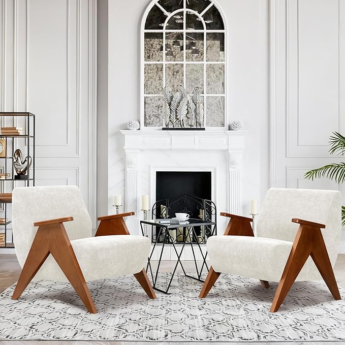 Home Accent Chair Mid Century Modern Accent Chair with Wood Frame Lounge Upholstered Armchair Reading Chair Sturdy BaseFor Living Room BedroomOfficeComfy Guest Waiting Room ChairsBeige