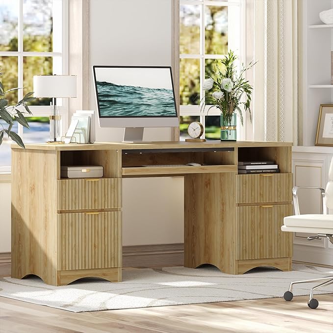 Bestier Computer Desk with Keyboard Tray 59 inch Office Desk with 4 Drawers Modern Home Office Desk with File Drawer (Natual Oak 59 W with Double-Sided Drawers)