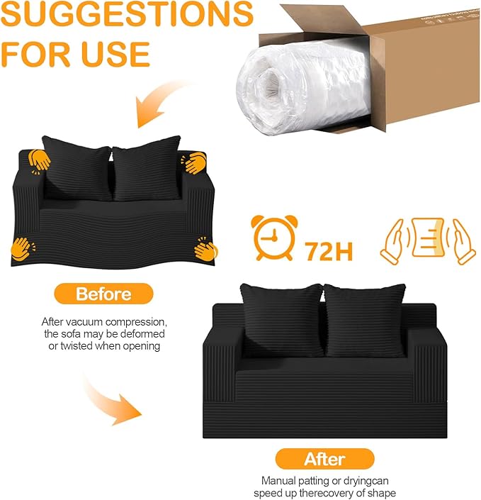 Loveseat Boneless Convertible Sofa Bed Folding Floor Futon Sleeper Sofa Couch Bed- Boneless Foldable Couch Corduroy Pull Out Sofa Bed with 2 Pillows for Living Room &amp Bedroom