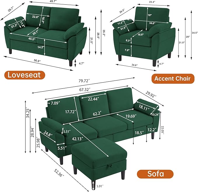 3 Pieces Sectional Sofa Couches Set 3-Seater L Shaped Couch Sofas and Loveseat with Armchair and Storage Ottoman for Living Room Living Room Furniture Set Green