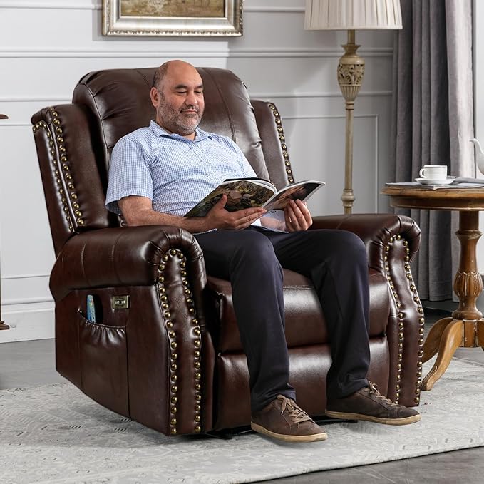 Classic Power Recliner Chair Set of 2 with Massage and Heat Breathable Faux Leather Electric Recliner with USB Port Overstuffed Reclining Sofa with Rivets for Living Room Caramel Brown
