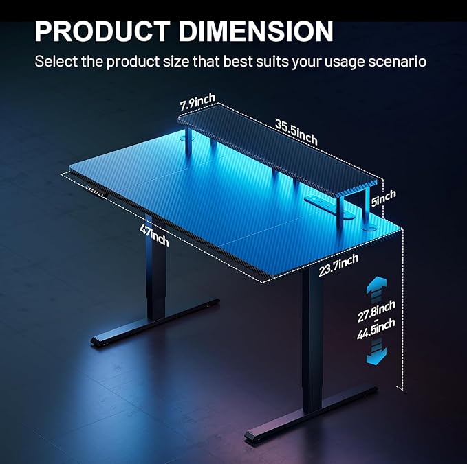 HLDIRECT Electric Standing Gaming Desk with LED Lights 47 Inch Height Adjustable Gaming Table Sit Stand Computer Workstation with Power Outlet &amp Monitor Stand Rising Desk for Home Bedroom Blac
