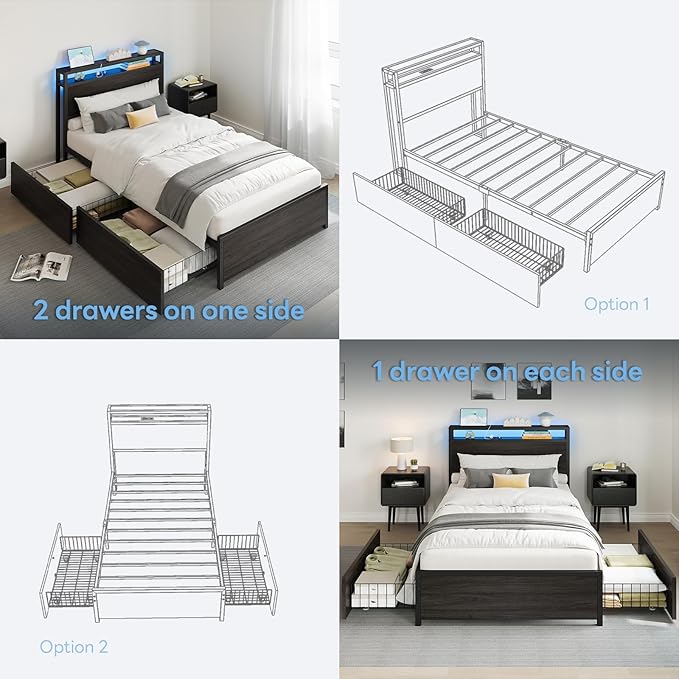LIKIMIO Twin XL Bed Frame with 2-Tier Shelves &amp Charging Station &amp LED Light DIY Layout Storage Drawers Suitable for Teen Rooms Small Apartments &amp Bedrooms Gray Black