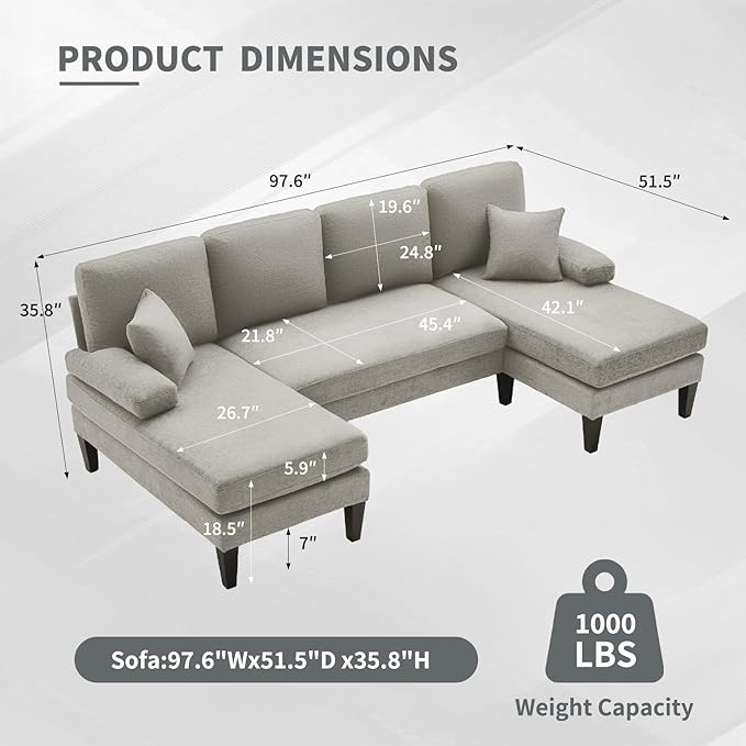 98 U Shaped Couch with 18 Seat Height Sectional Couches for Living Room 4 Seater Couch Set with Double Chaise for Apartment Living Room Sofas Chenille Light Gray