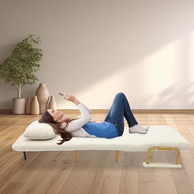 Folding Sofa Bed Convertible Sleeper Chair Single Sleeper Sofa Adjustable Backrest Futon Floor Couch Lounge Sofa for Living Room and Bedroom (White)