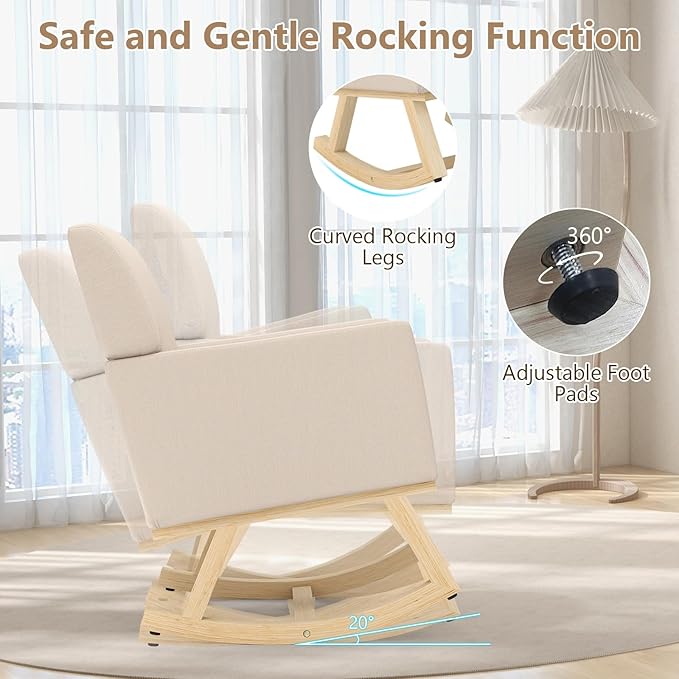 Giantex Upholstered Rocking Chair Nursery Rocking Chair w/Widened Back Machine-Washable Seat Cushion Cover Solid Rubber Wood Frame Glider Rocker Accent Chair for Living Room Bedroom Beige