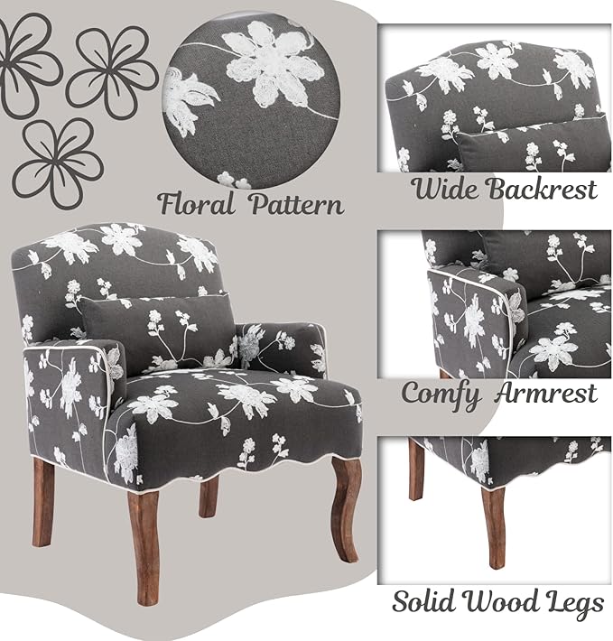 Mid Century Accent Chair Floral Reading Chair with Removable Pillow Wingback Arm Chair Upholstered Comfy Single Sofa for Living Room/Bedroom/Fireplace Grey 1PC