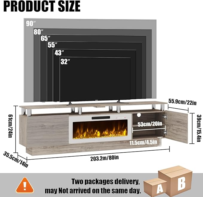 80 Modern Fireplace TV Stand with 36 Electric Fireplace for TVs Up to 90 inch Luxury LED Light Entertainment Center with High Gloss Cabinet Grey + Silver Posts with White Fireplace