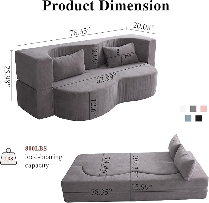 2-in-1 Folding Convertible Sofa Bed - 78 Inch Boneless Teddy Loveseat Sleeper Foldable Floor Futon Couch with Pillow Pull-Out Modular Matress for Small Spaces (Living Room/Bedroom/Dorm) (Gray)