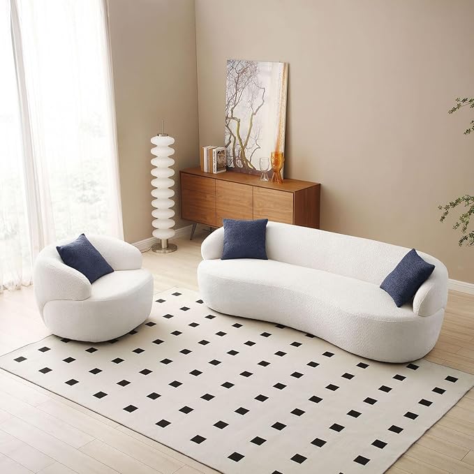 Curved Sofa Couch 86.6 3-Seater Modern Boucle Sectional Sofa Couch Comfy Cloud Upholstered 3 Seat Leisure Cushion Sofa with Pillows for Living Room Bedroom Office Apartment Beige