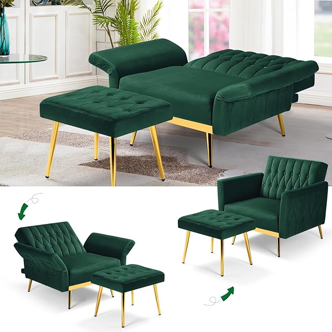 Velvet Accent Chair with Adjustable Armrests and Backrest Button Tufted Lounge Chair Single Recliner Armchair with Ottoman and Pillow for Living Room Bedroom Green