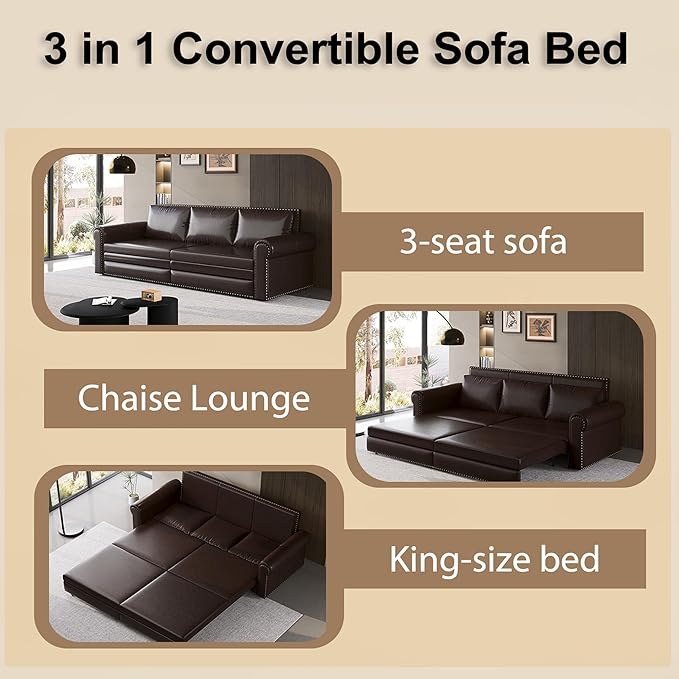 93.7 Faux Leather Convertible Sleeper Sofa 3 in 1 King Size Pull Out Sofa Bed Oversized Loveseat Couch for Living Room Bedroom Dark Brown