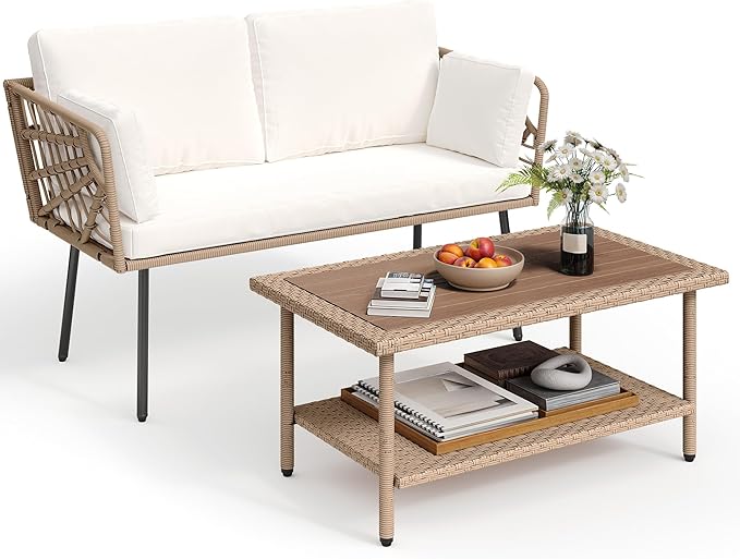 YITAHOME 2 Pieces Patio Furniture Set All-Weather Wicker Loveseat with Thick Cushions &amp Rattan Table Outdoor Conversation Set for Patio Balcony Backyard Deck Poolside