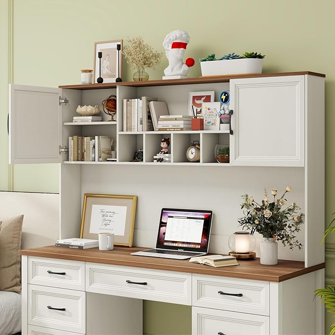 Farmhouse Executive Desk with 7 Drawers and Storage Cabinet Rustic Large Home Writing Desk with Hutch Workstation for Bedroom White