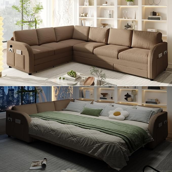 KEIKI 115 L-Shaped Sectional Sleeper Sofa for Home Office &amp Lounging Pull-Out Bed Couch with Reversible Left/Right Chaise USB Port &amp Side Storage