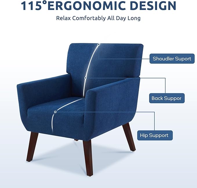Upholstered Accent ChairMid Century Modern Office Fabric Small Living Room Chair with ArmComfy Wingback Armchair for Bedroom Reading Dark Blue