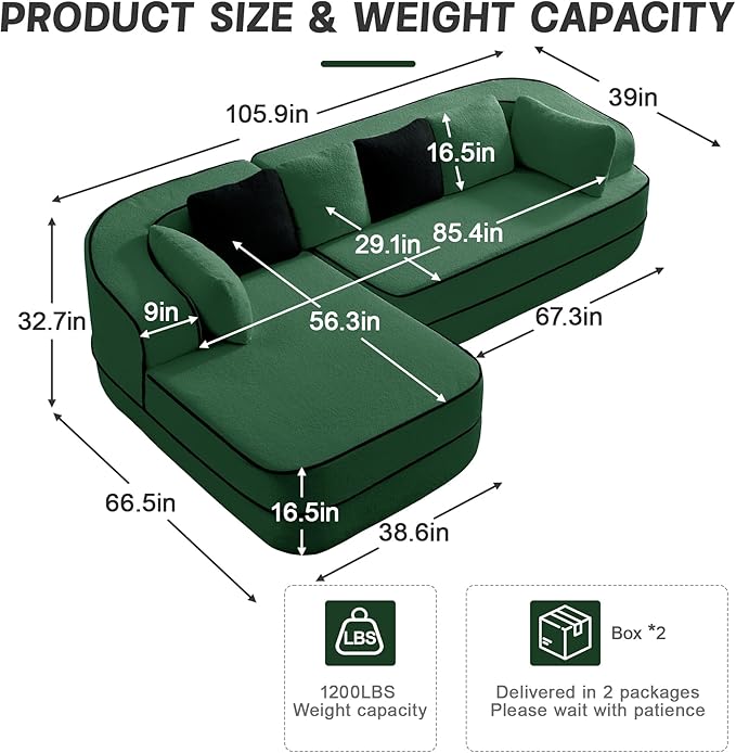 Ball &amp Cast 106 Cloud Sectional Couch with L-Shape ChaiseTeddy Fabric Boneless Modular Sofa with Deep Seat32D High Density SpongeUpholstered Couch for Living RoomNo Assembly RequiredGreen(Le