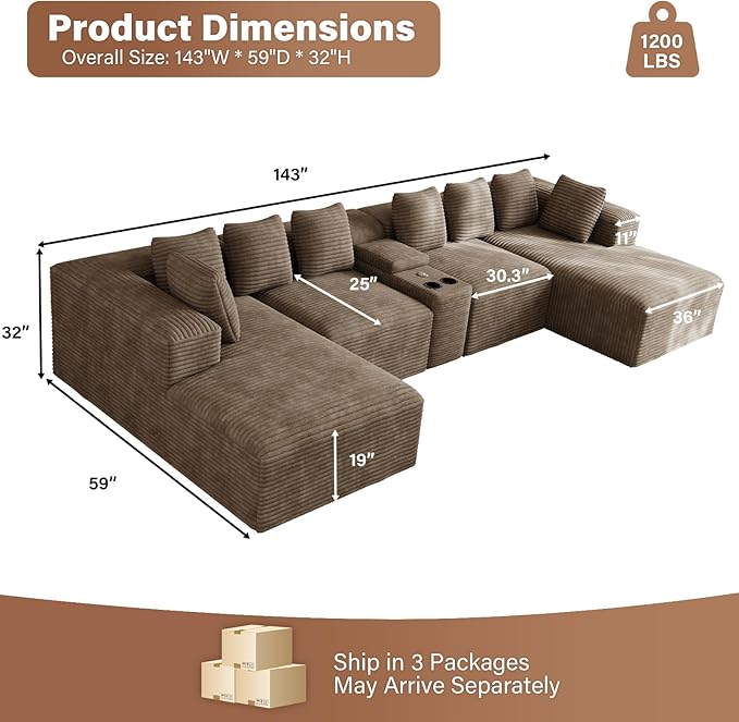 Modular Sectional Sofa with USB Cup Holders Storage 143 U Shaped Cloud Couch Plush Corduroy Deep Seat Boneless Sofas with Double Chaise Lounge Sectional Couches Memory Foam for Living Room - Camel