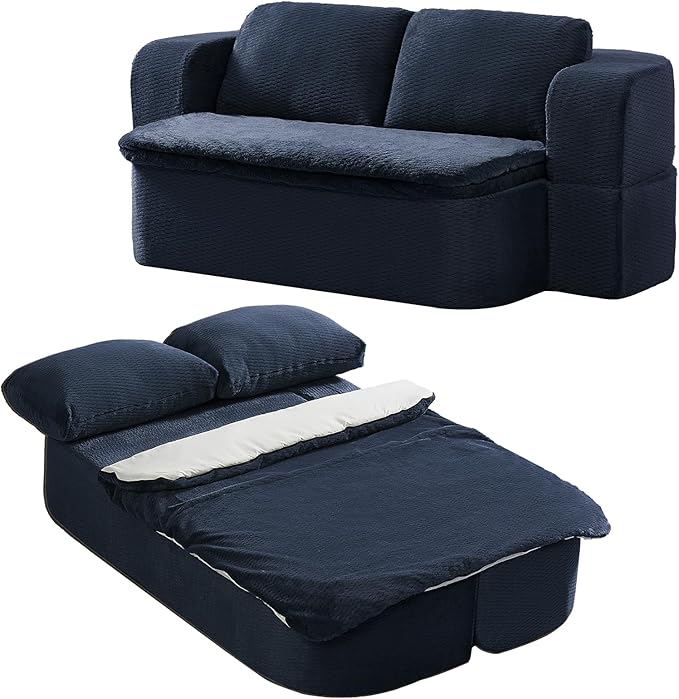 74.8 Inch Convertible Sleeper Sofa Bed Compressed Loveseat Sofa Folding Floor Mattress with Pillows and Blanket Small Couches for Living Room Bedroom Lounge No Assembly Required (Dark Blue)