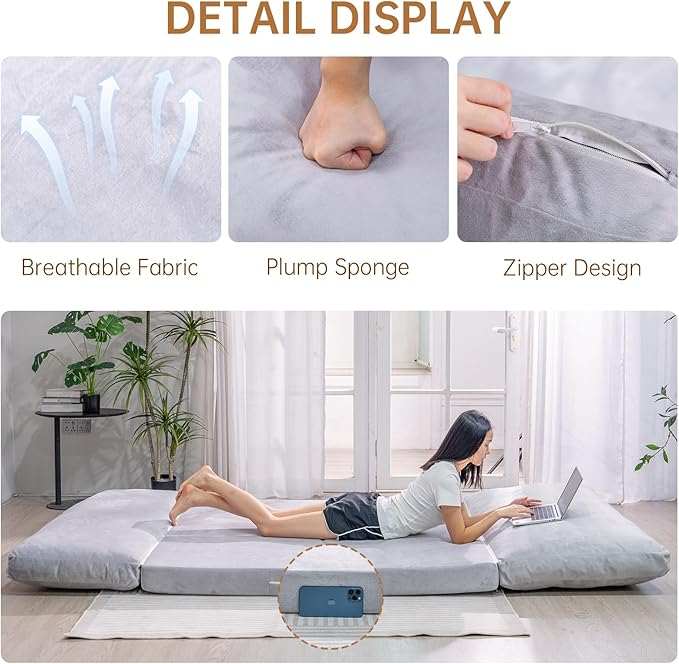 Tantohom Floor Sofa Bean Bag Bed Foam Filling Fold Full Mattress with Washable Soft Faux Fur Cover Couch for Bedroom Living Room (Grey Large)