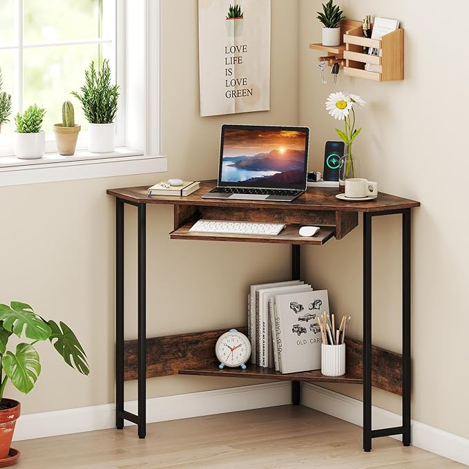 Giantex Small Corner Desk with Charging Station Triangle Computer Desk with Keyboard Tray &amp Storage Shelf Metal Corner Writing Desk for Bedroom Small Space Home Office Black &amp Rustic Brow