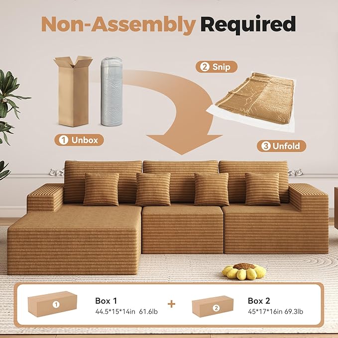 111‘’ Modular Sectional Cloud Couches with L Shaped Upholstered Deep Seat Boneless Sofa for Living Room Bedroom No Assembly Required-Camel