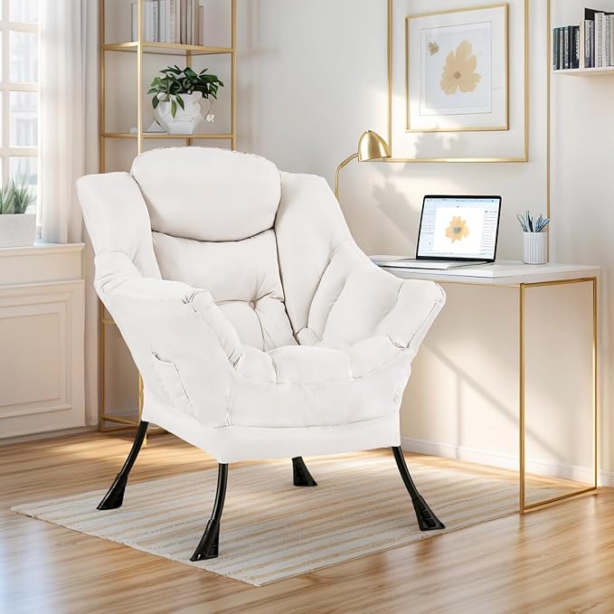 Lazy Chair for Living Room Modern Accent Chairs with Armrests Beige Armchairs with Side Pocket Cozy Lazy Sofa for Reading Balcony Bedroom Dorm Small Spaces