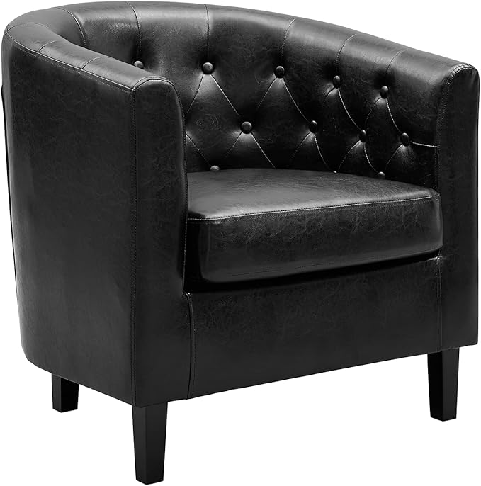 Naomi Home Emma Faux Leather Barrel Accent Chair – Modern Tufted Faux Leather Armchair with Wooden Legs Wide Seat Enhanced Back Support for Living Room Décor