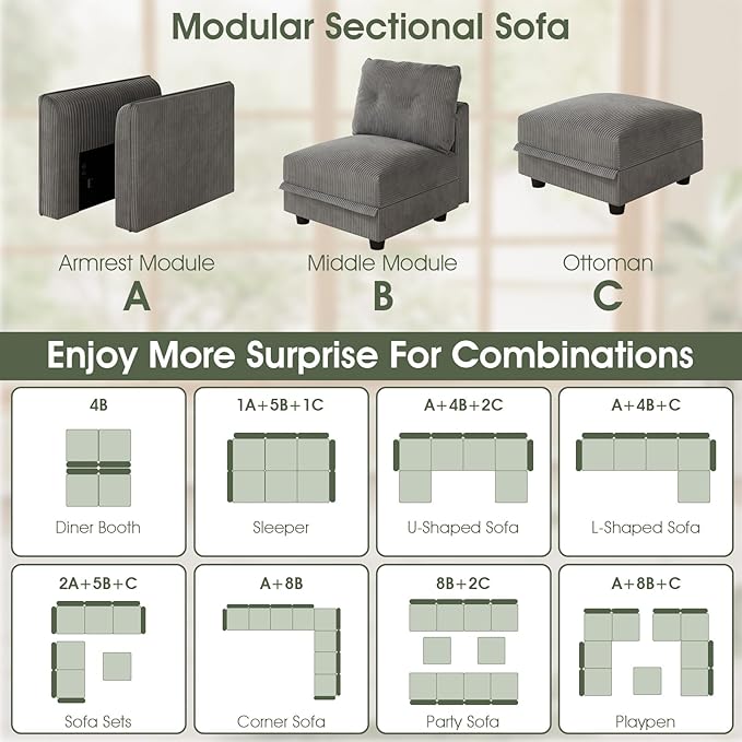 LLappuil Plush Corduroy Separate Module to Extend Sectional Sofa | Armless chair Storage Seat 1 Throw Pillow Free Combination Grey