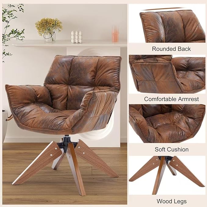 Mid Century Accent Chair Hot Stamping Cloth Desk Chair no Wheel Modern Cozy Vanity Chair Advanced &amp Wear-Resistant with Amrest Wood Legs for Living Room Reading Room Bedroom (Brown)