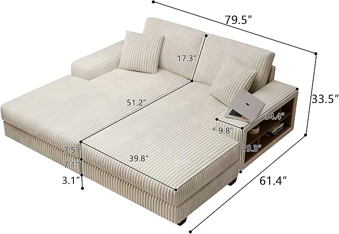 79.5 Oversized Corduroy Modular 2-Seat Sectional Couch with Extra-Wide Armrest Storage and Double Chaise Lounge Modern Convertible Sleeper Sofa for Living RoomBeige