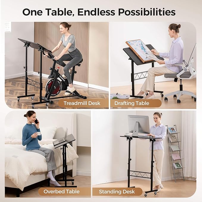 COMHOMA Small Standing Desk Adjustable Height &amp Tiltable Tabletop Mobile Stand Up Desk for Laptop Portable Computer Table for Home Office Work and Walking Pad Treadmill Height 30.7-46.4 Blac