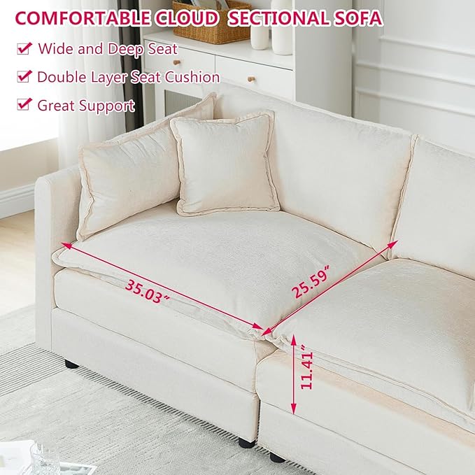 Setawix Deep 3 Seater Couch with Ottomans112.2 U-Shaped Cloud Couches for Living RoomChenille Cloud Sofa Couch with Deep SeatModular Sectional U Shape 3 Seat Sofa for Bedroom (Beige 3+2)
