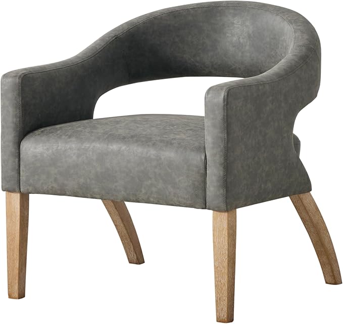 Modern Accent Chair Upholstered PU Leather Barrel Armchairs with Rubberwood Legs Comfy Lounge Arm Chair Hollow-Out Side Club Chair for Living Room Bedroom Office (Gray-Wide)
