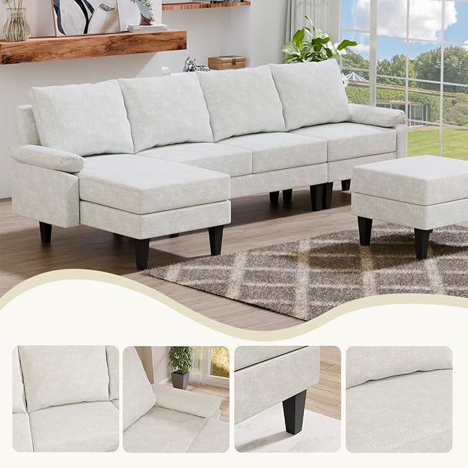 115 Inch Modular Sectional Sofa with Storage Ottoman Modern L-Shaped Sectional Couch with Chaise Chenille Couch for Living Room Apartment or Small Spaces Off-White