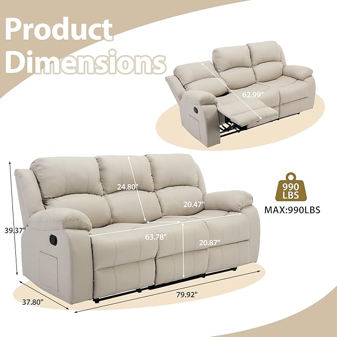 3 Seat Reclining Sofa Leather 3-Seater Manual Reclining Couch with Side Pocket Easy Assembly Reclining Loveseat Sofa for Living Room Meeting Room Bedroom Office Apartment RV