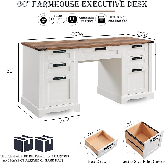 RedLemon 60 Farmhouse Executive Desk with Drawers Wood Home Office Desk w/Charging Station Keyboard Tray File Drawer Storage Cabinet Rustic Computer Writing Desk (Antique White)