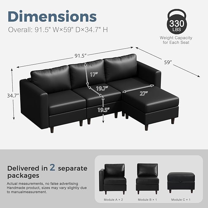 ABCASA 91.5 Faux Leather Modular Sectional Sofa L Shaped Couch Set for Living Room 3-Seater Comfy Cloud Couches with Movable Storage OttomanDIY Combination - Black