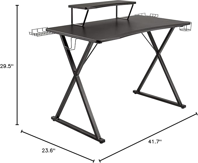 Seville Classics airLIFT Computer Writing Desk w/ Headset Cup Speaker Holders Monitor Riser Table Modern Work for Home Office Workstation Black 42 Carbon Fiber X Frame